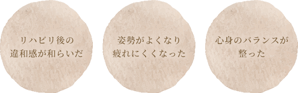 リハビリ後の違和感が和らいだ 姿勢がよくなり疲れにくくなった 心身のバランスが整った